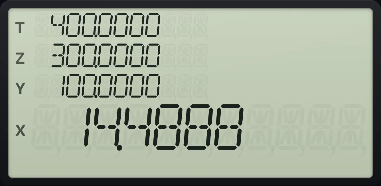 Result of the example "Show more decimals" The display shows:  400.0000 /  300.0000 /  100.0000 /  14.4888.