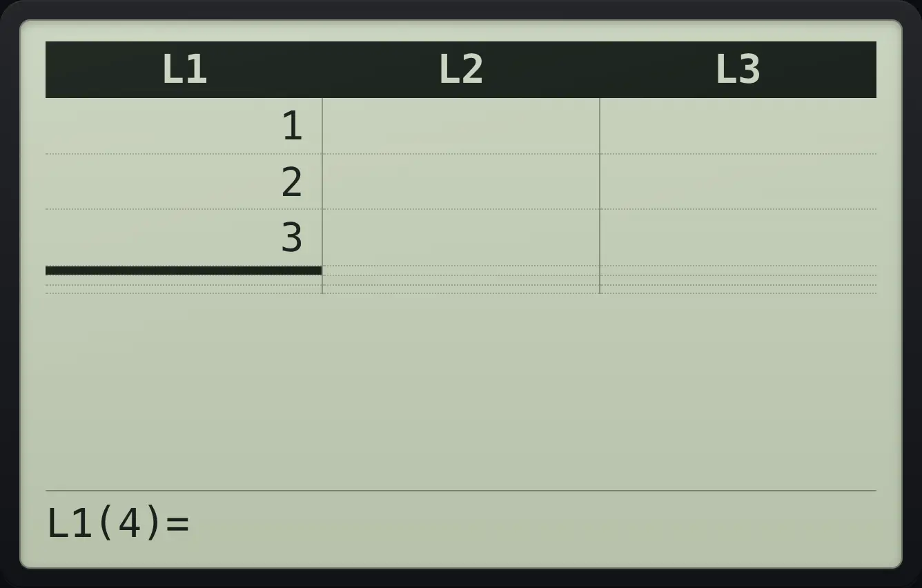 Result of the example "Enter three numbers" The display shows: L1 | L2 | L3 / 1 | | / 2 | | / 3 | | / | | / | | / | | / L1(4)=.