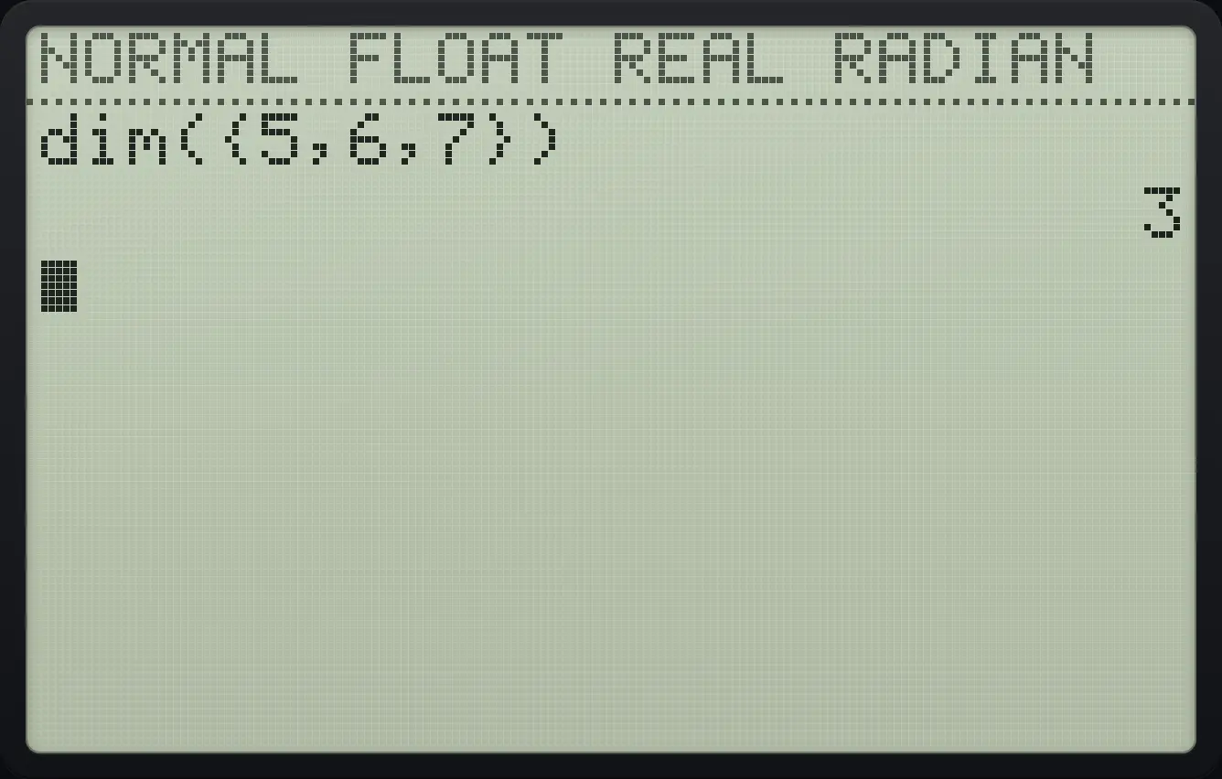 Result of the example "Length of a list" The display shows: dim({5,6,7}) / 3.