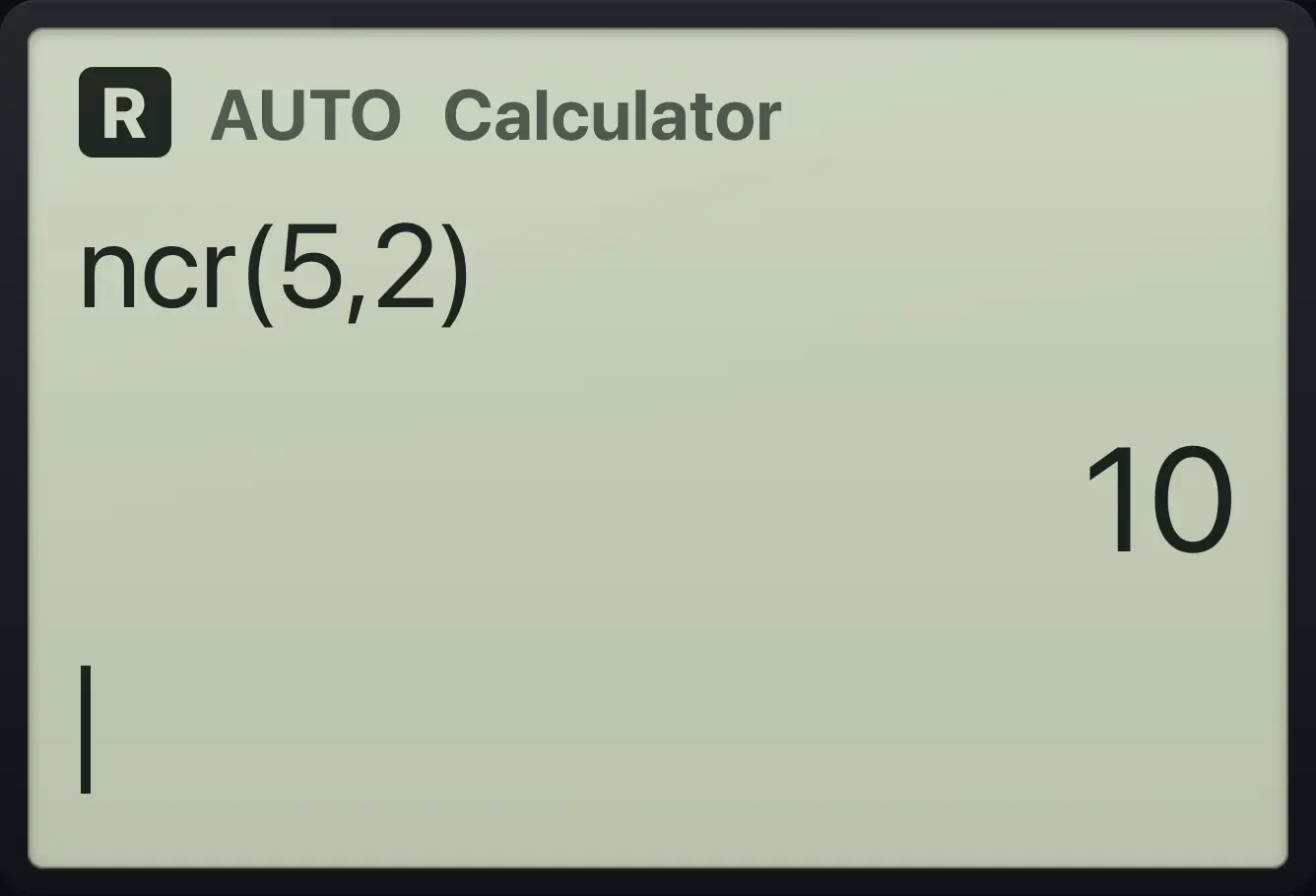 Result of the example "Combinations" The display shows: ncr(5,2) / 10.