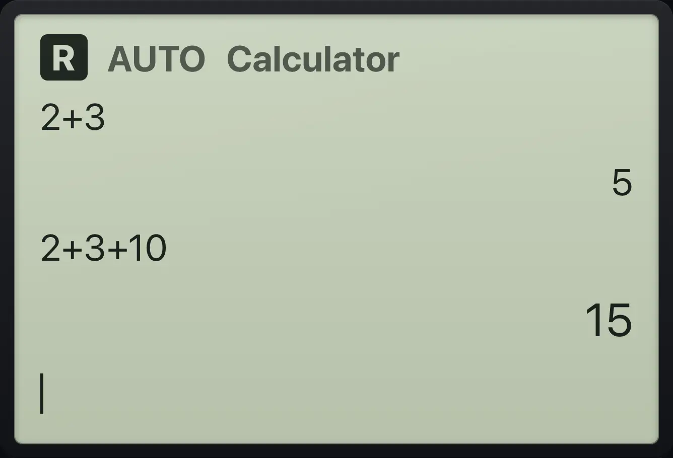 Result of the example "Edit an old entry" The display shows: 2+3 / 5 / 2+3+10 / 15.
