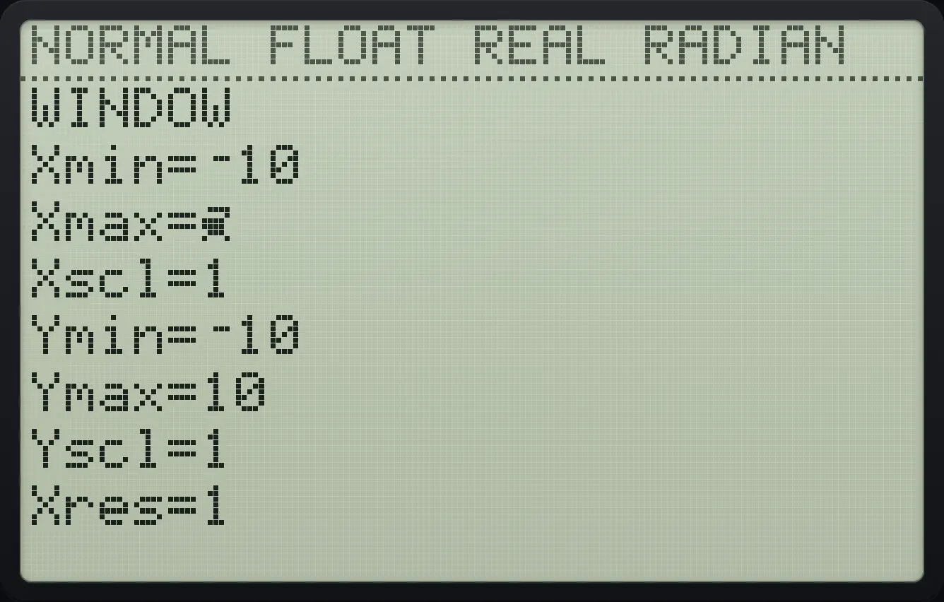 Result of the example "Change Xmax" The display shows: WINDOW / Xmin=⁻10 / Xmax=5 / Xscl=1 / Ymin=⁻10 / Ymax=10 / Yscl=1 / Xres=1.