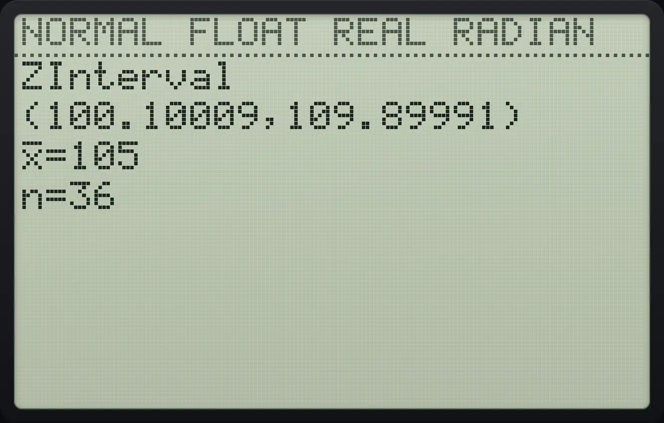 Result of the example "ZInterval from summary numbers" The display shows: ZInterval / (100.10009,109.89991) / x̄=105 / n=36.