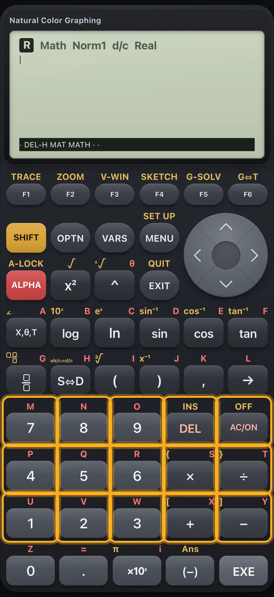 The number pad The display shows: · DEL-H MAT MATH · ·.