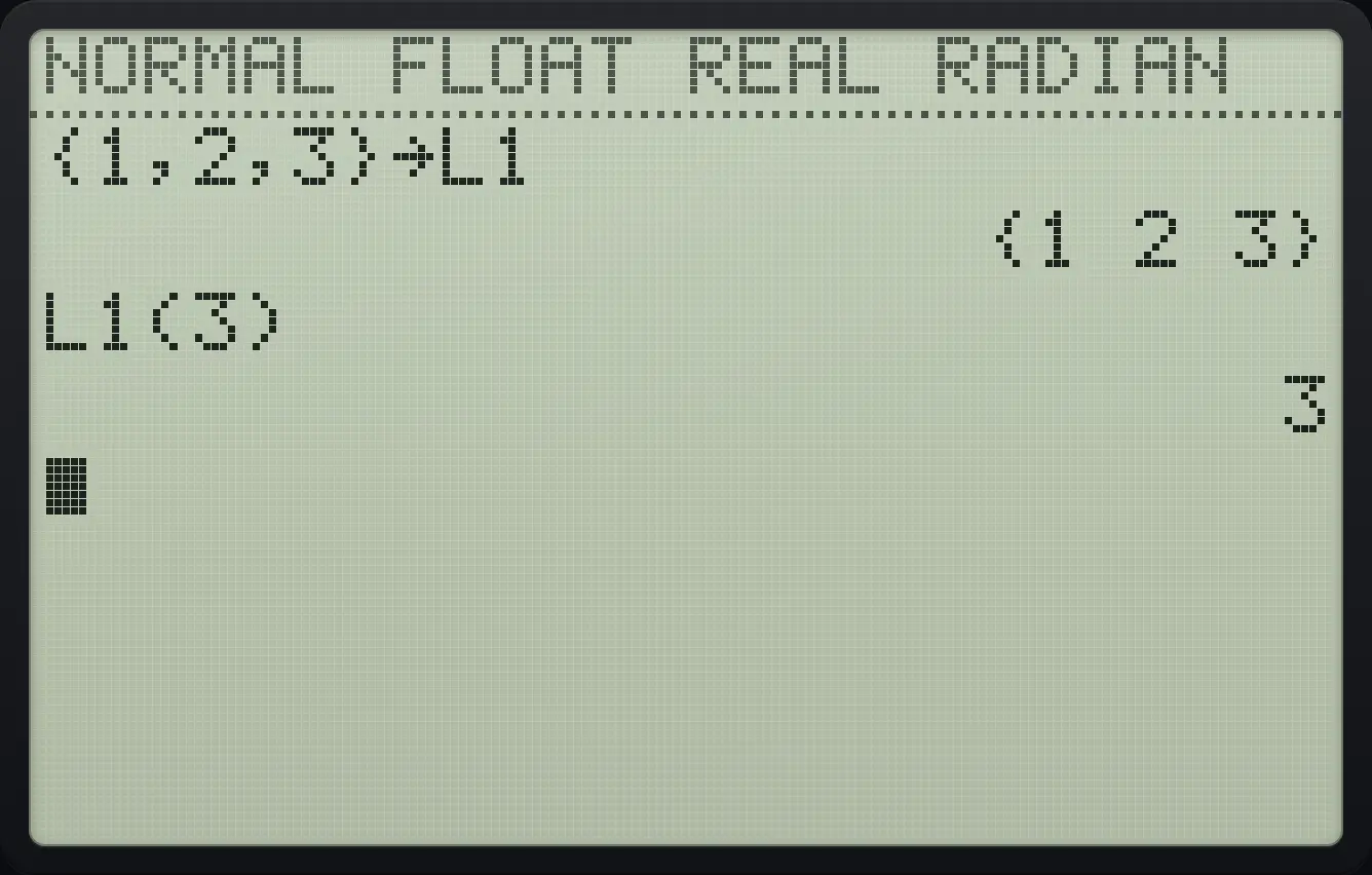 Result of the example "Store a list and read an item" The display shows: {1,2,3}→L1 / {1 2 3} / L1(3) / 3.
