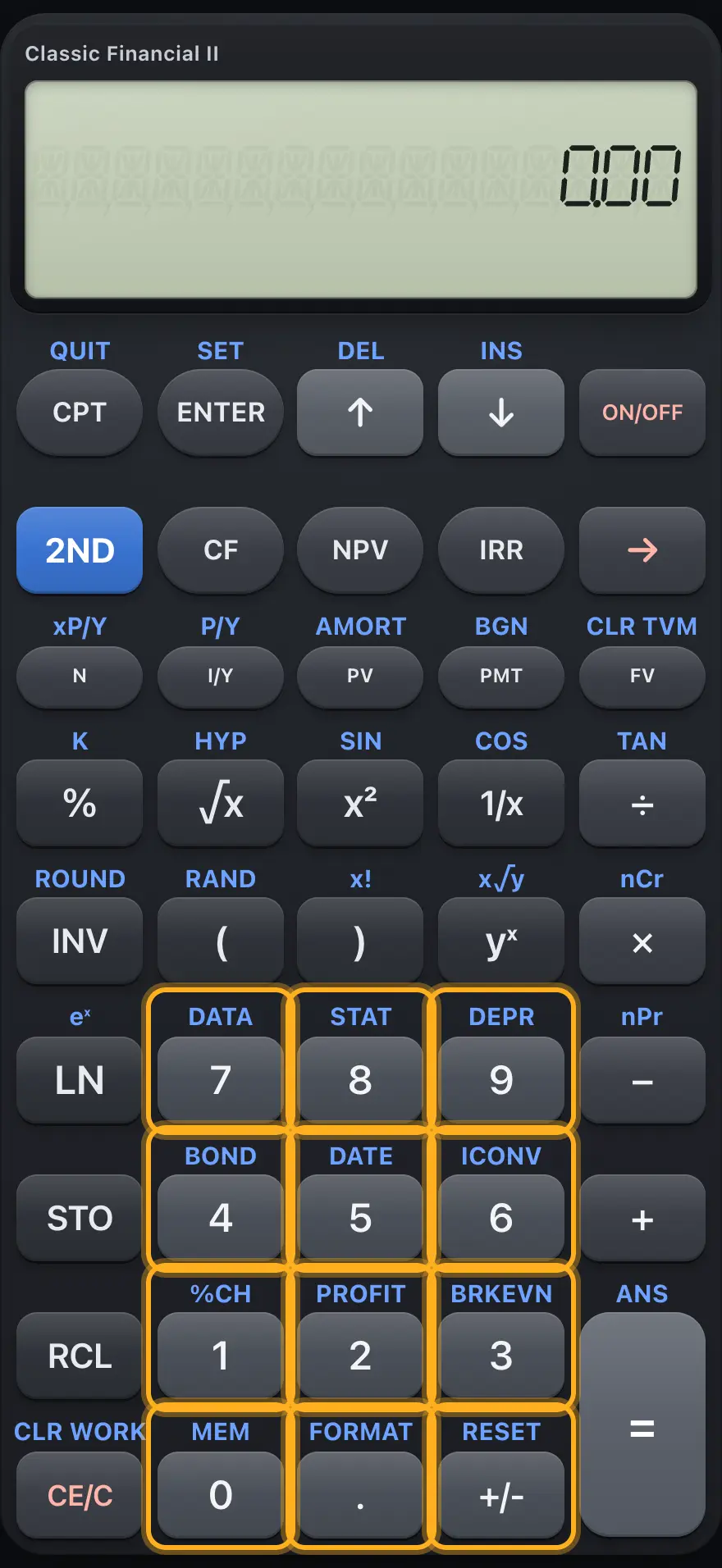 The digit keys open worksheets when preceded by 2ND. The display shows:              0.00.