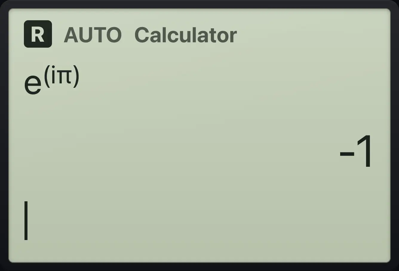 Result of the example "Euler identity" The display shows: e^((iπ)) / -1.