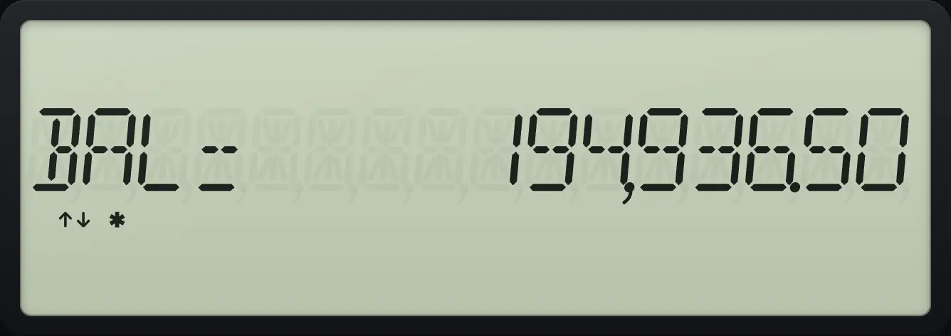 Result of the example "Balance after year two" The display shows: BAL= 194,936.50.