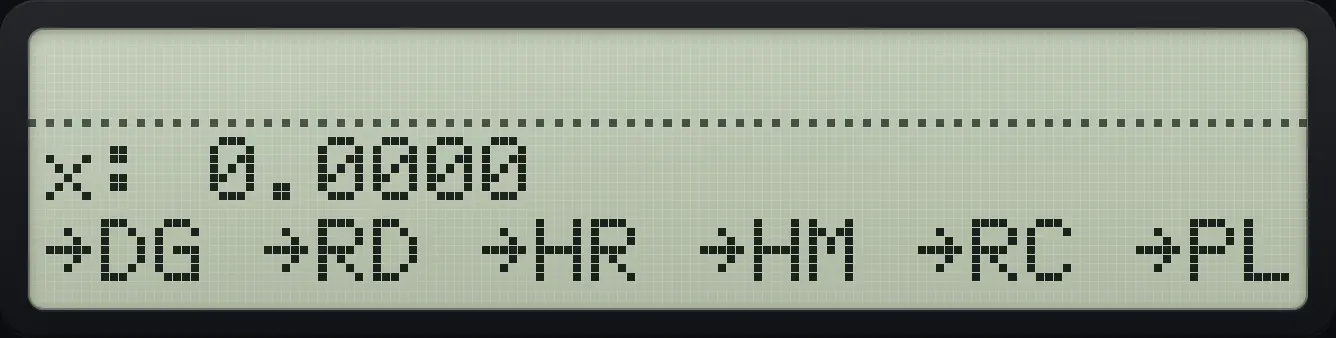 The CONVERT menu, page 1: degrees, radians, hours, hours-minutes-seconds, rectangular and polar. The display shows: x: 0.0000 / →DG →RD →HR →HM →RC →PL.