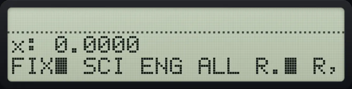 The DISP menu: FIX, SCI, ENG, ALL and the radix keys R. (point) and R, (comma). The marked one is active. The display shows: x: 0.0000 / FIX■ SCI ENG ALL R.■ R,.