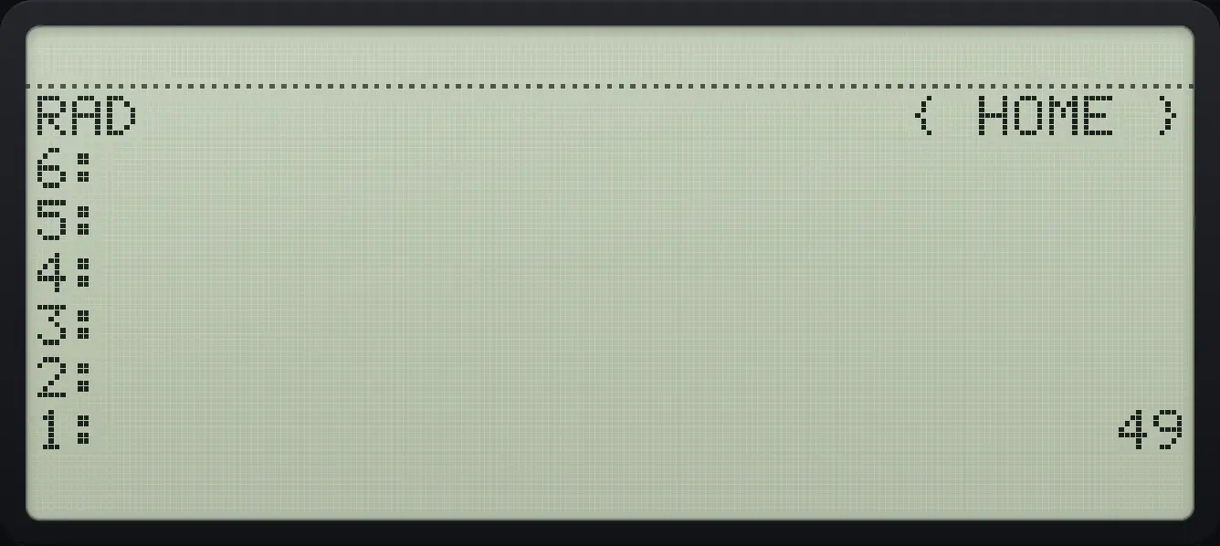 Result of the example "Square by copying" The display shows: RAD { HOME } / 6: / 5: / 4: / 3: / 2: / 1: 49.