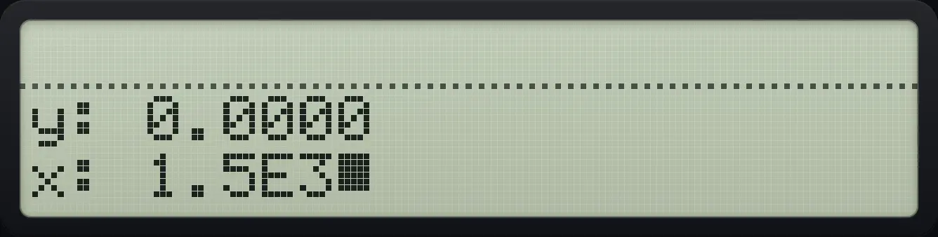 While typing in scientific notation the exponent appears after an E. The display shows: y: 0.0000 / x: 1.5E3_.