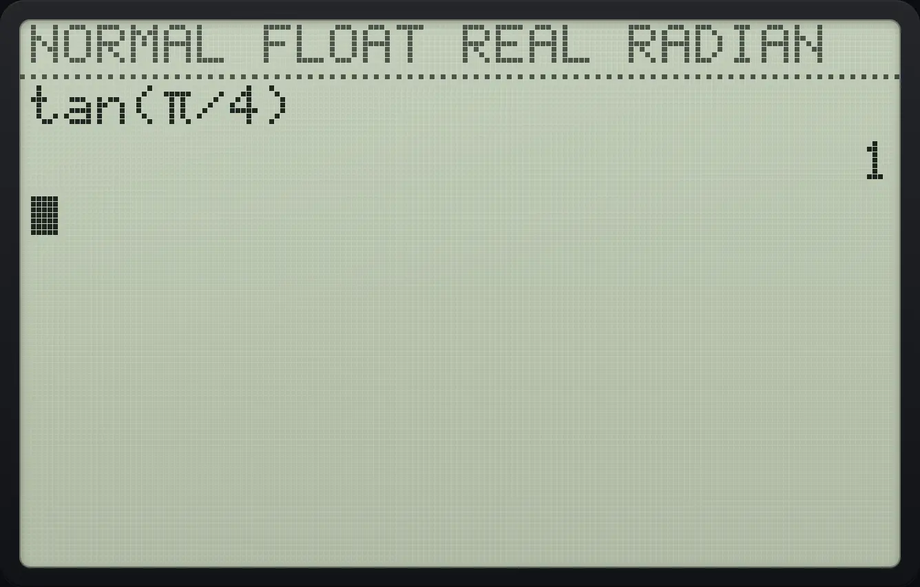Result of the example "Radian mode (default)" The display shows: tan(π/4) / 1.