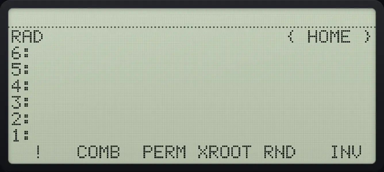MTH page 3: !, COMB, PERM, XROOT, RND, INV. The display shows: RAD { HOME } / 6: / 5: / 4: / 3: / 2: / 1: / ! COMB PERM XROOT RND INV .