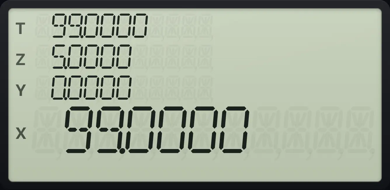 Result of the example "Recall through I" The display shows: 99.0000 / 5.0000 / 0.0000 / 99.0000.