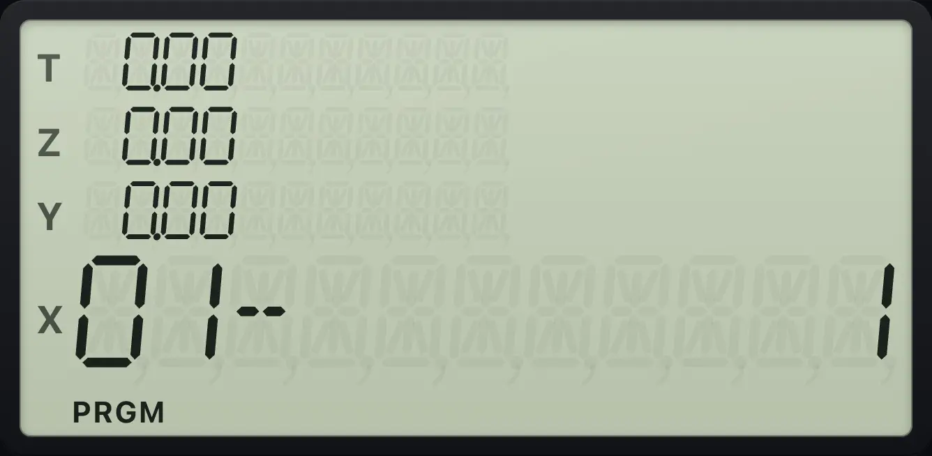 Result of the example "Go to a line while recording" The display shows: 01- 1 / 0.00 / 0.00 / 0.00 / 0.00.