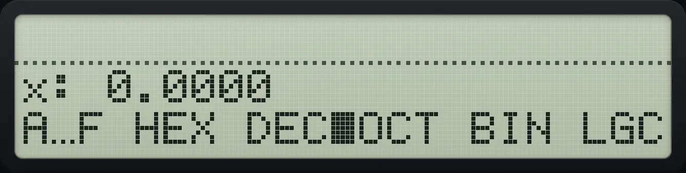 The BASE menu: A-F digits, HEX, DEC, OCT, BIN, LOGIC. The display shows: x: 0.0000 / A…F HEX DEC■OCT BIN LGC.