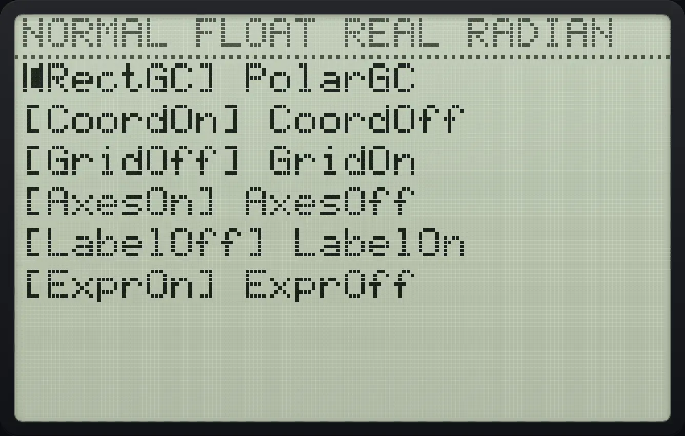 The FORMAT screen. The display shows: [RectGC] PolarGC / [CoordOn] CoordOff / [GridOff] GridOn / [AxesOn] AxesOff / [LabelOff] LabelOn / [ExprOn] ExprOff.