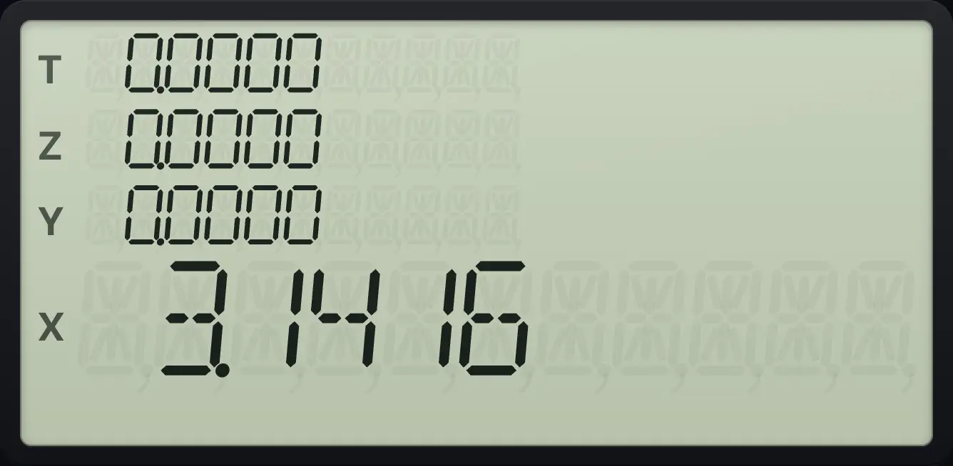 Result of the example "180 degrees in radians" The display shows: 0.0000 / 0.0000 / 0.0000 / 3.1416.