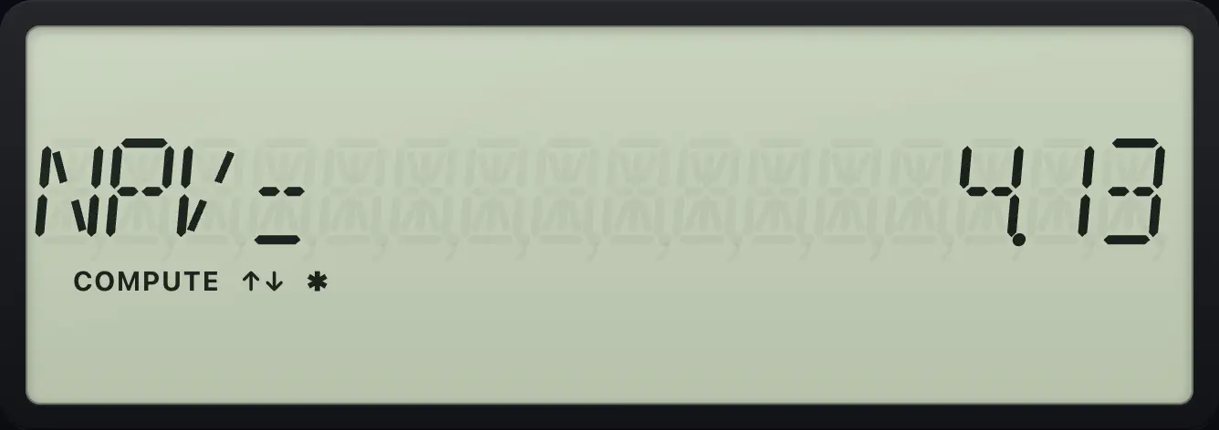 Result of the example "NPV at 10%" The display shows: NPV= 4.13.