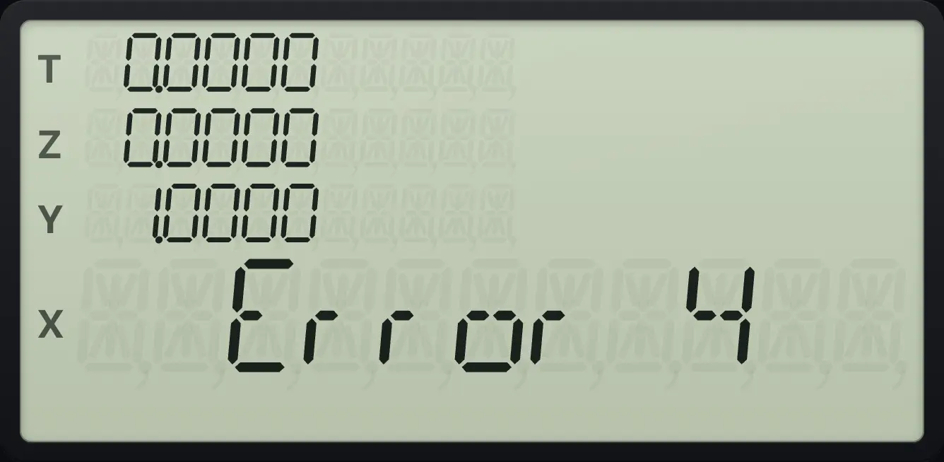 Result of the example "A label that does not exist" The display shows: Error 4 / 0.0000 / 0.0000 / 1.0000 / 2.0000.