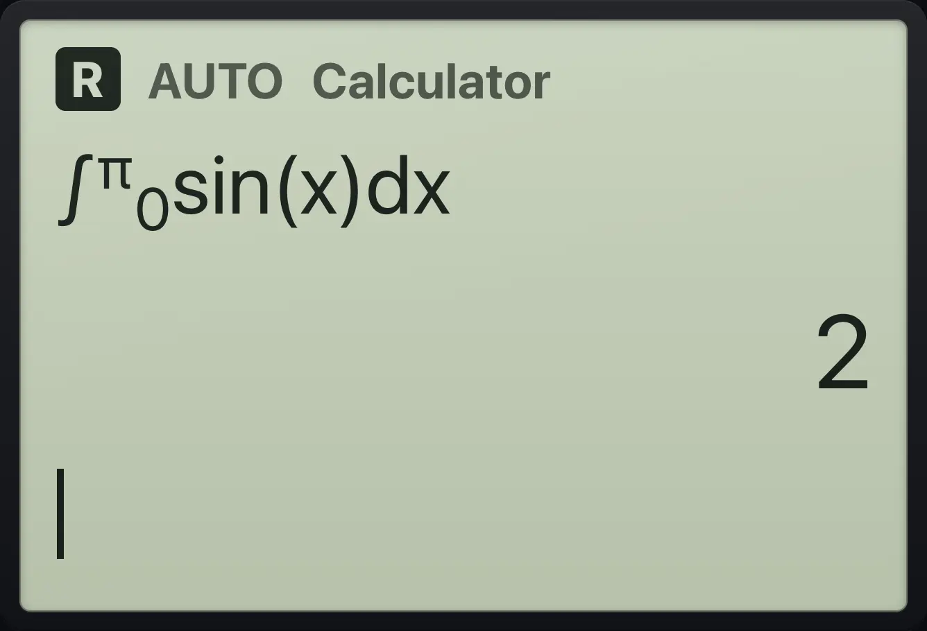 Result of the example "Area under a sine" The display shows: ∫(sin(x),x,0,π) / 2.