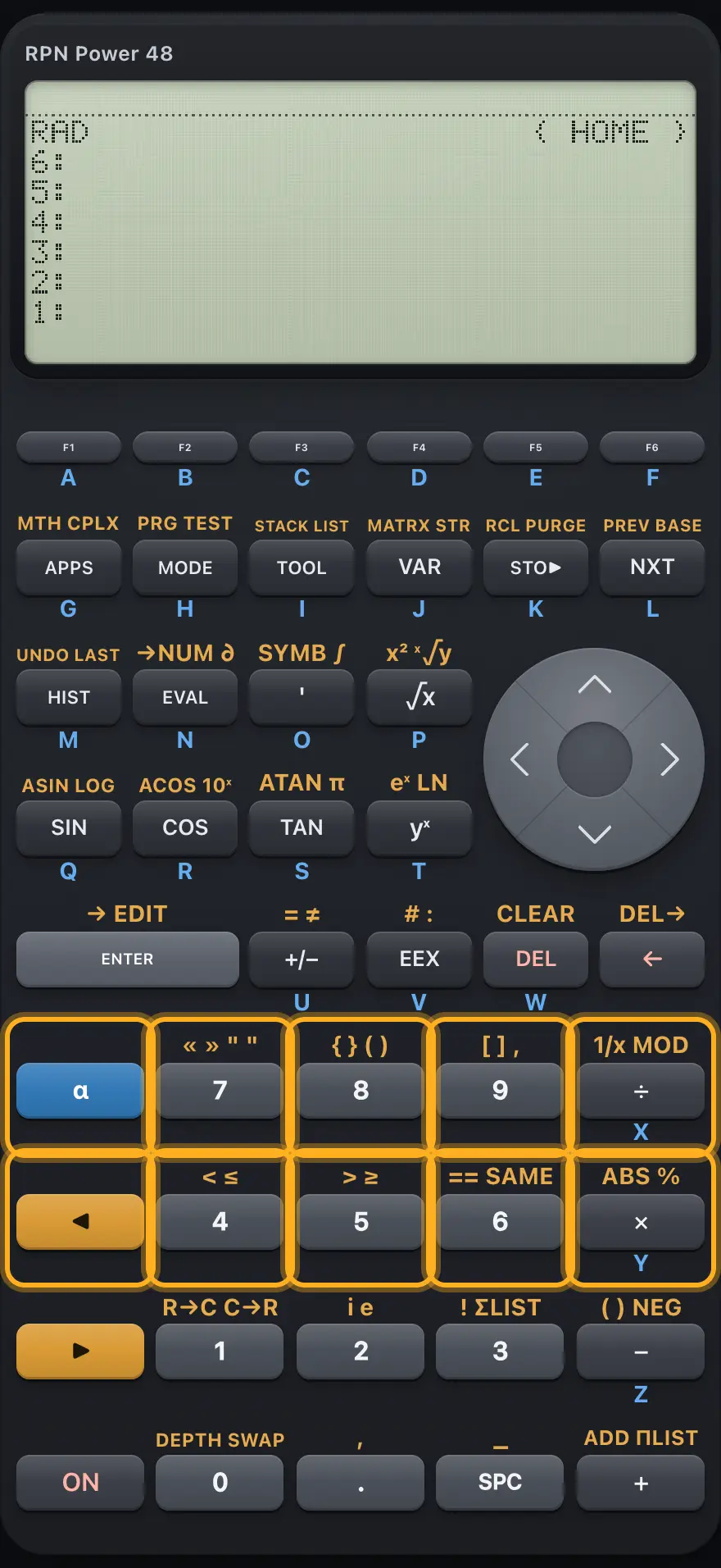 The upper digits, the divide and multiply keys, alpha and the left shift. The display shows: RAD                      { HOME } / 6: / 5: / 4: / 3: / 2: / 1:.