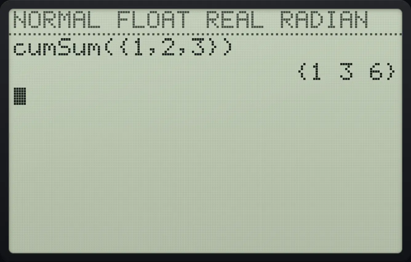 Result of the example "Running totals" The display shows: cumSum({1,2,3}) / {1 3 6}.