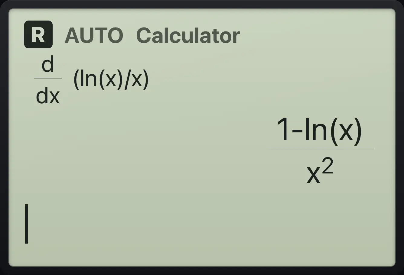Result of the example "Quotient" The display shows: d/dx(ln(x)/x) / (1-ln(x))/x^2.