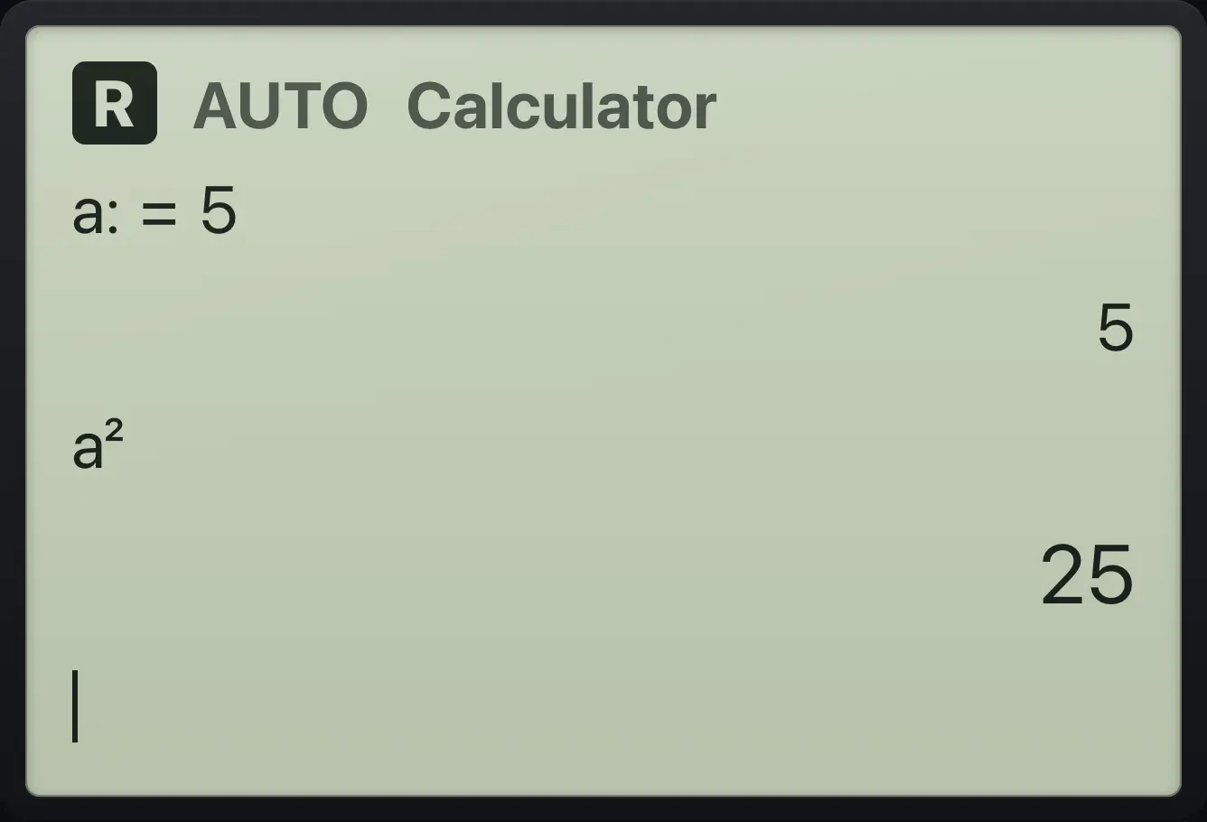 Result of the example "Store with :=" The display shows: a:=5 / 5 / a² / 25.