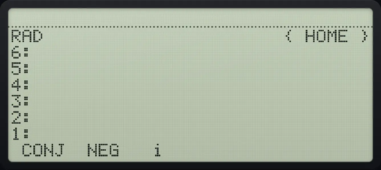 CPLX page 2: CONJ, NEG, i. The display shows: RAD { HOME } / 6: / 5: / 4: / 3: / 2: / 1: / CONJ NEG i .