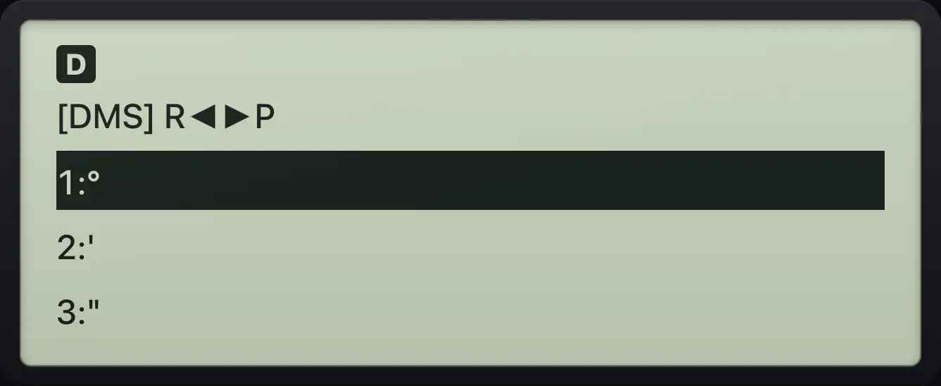 The ANGLE menu: DMS tab. The display shows: [DMS] R◄►P / 1:° / 2:' / 3:".