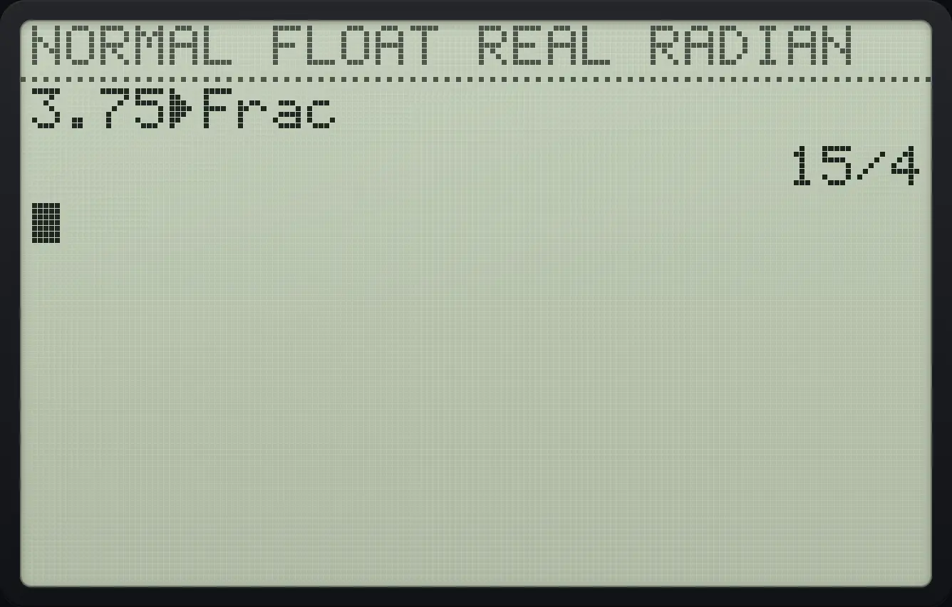 Result of the example "Decimal to fraction" The display shows: 3.75►Frac / 15/4.