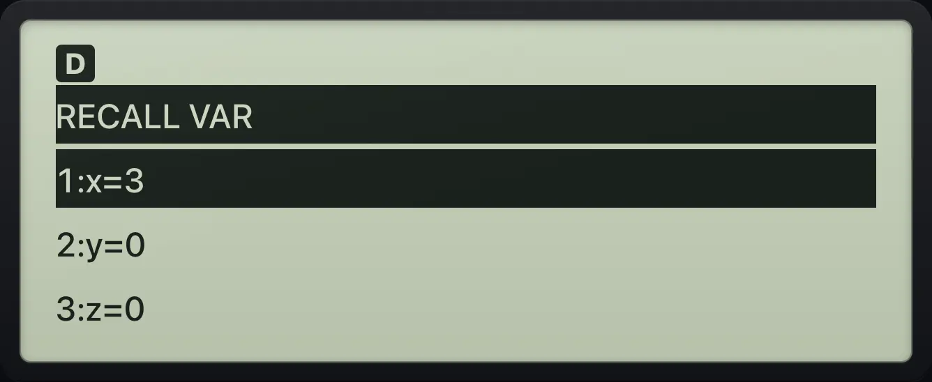 RECALL VAR lists the variables. The display shows: RECALL VAR / 1:x=3 / 2:y=0 / 3:z=0.