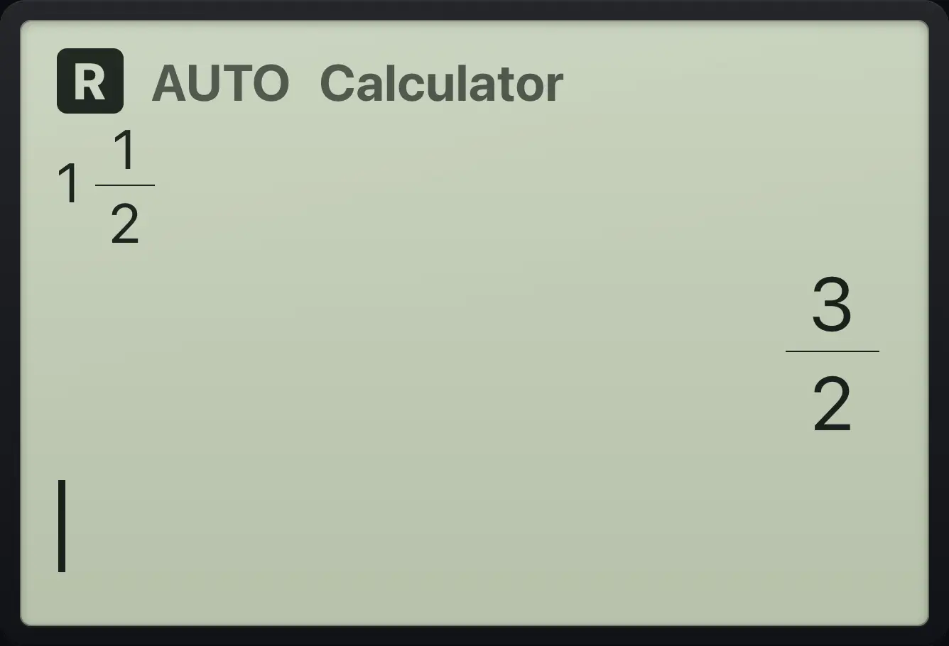 Result of the example "Mixed number template" The display shows: 1⌟1/2 / 3/2.