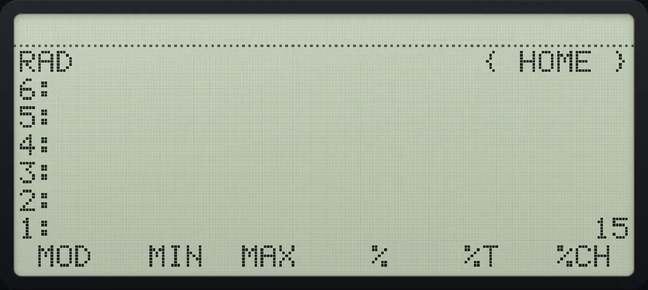 Result of the example "What percent is 30 of 200?" The display shows: RAD                      { HOME } / 6: / 5: / 4: / 3: / 2: / 1:                             15 /  MOD   MIN  MAX    %    %T   %CH .