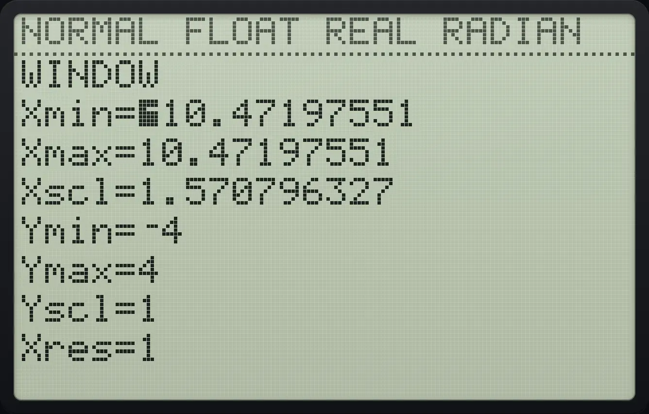 Result of the example "ZTrig" The display shows: WINDOW / Xmin=⁻10.47197551 / Xmax=10.47197551 / Xscl=1.570796327 / Ymin=⁻4 / Ymax=4 / Yscl=1 / Xres=1.