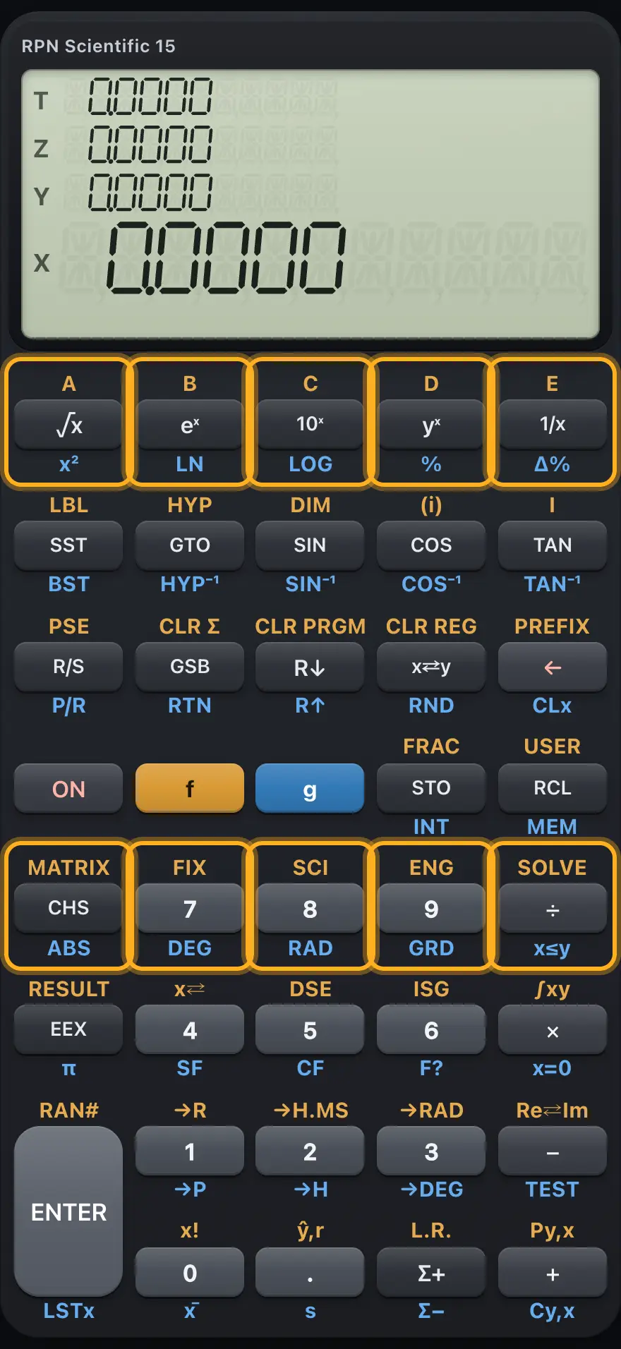 Top row keys. The display shows: 0.0000 / 0.0000 / 0.0000 / 0.0000.