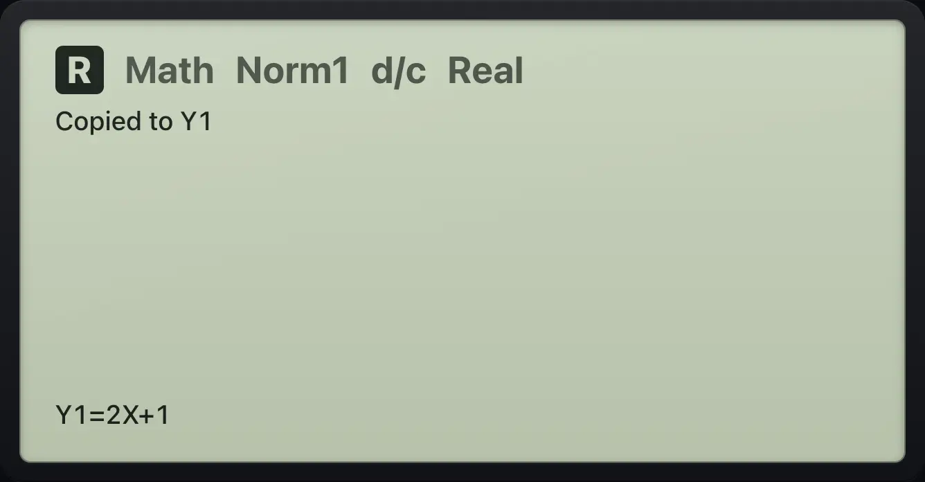 Result of the example "Copy the fit to Y=" The display shows: Copied to Y1 / Y1=2X+1.