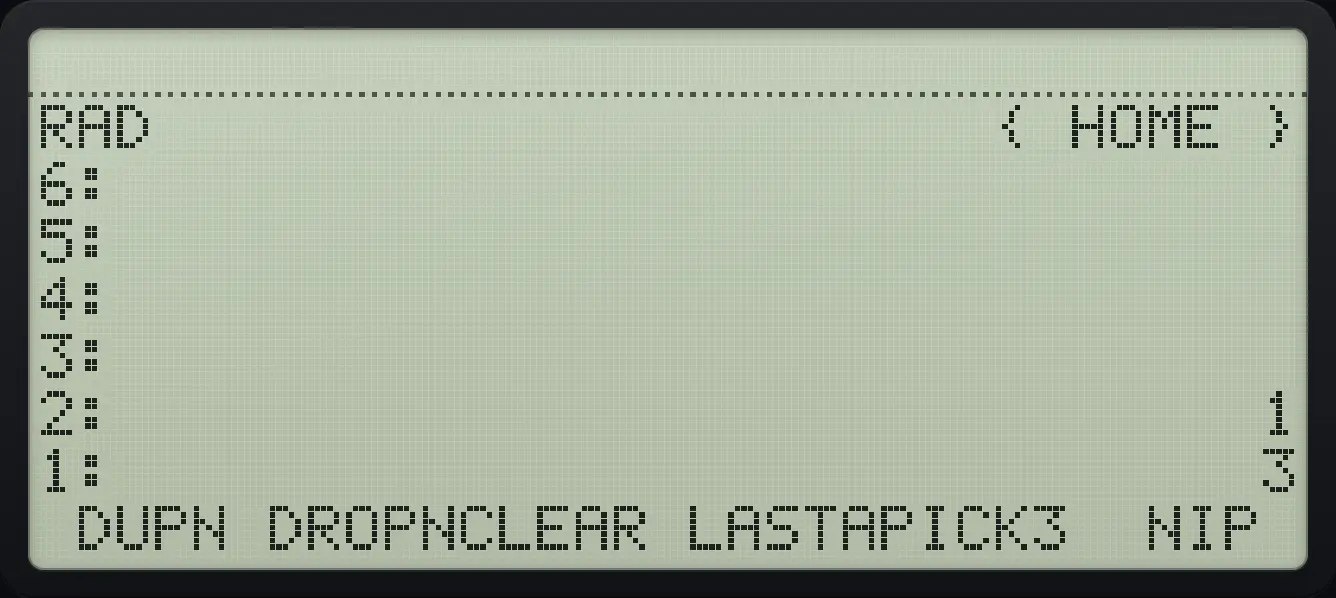 Result of the example "Remove the second object with NIP" The display shows: RAD { HOME } / 6: / 5: / 4: / 3: / 2: 1 / 1: 3 / DUPN DROPNCLEAR LASTAPICK3 NIP .