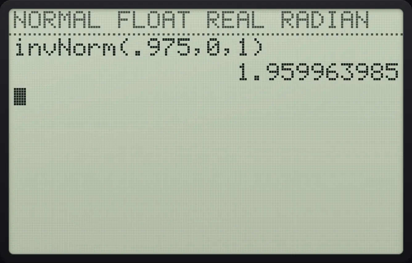 Result of the example "The 97.5th percentile" The display shows: invNorm(.975,0,1) / 1.959963985.