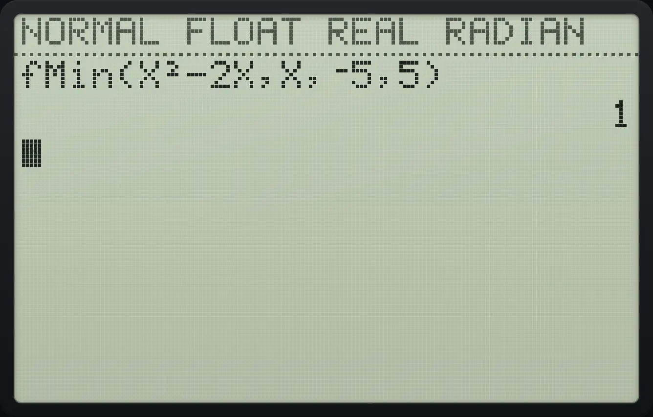 Result of the example "Minimum of x² − 2x" The display shows: fMin(X²−2X,X,⁻5,5) / 1.