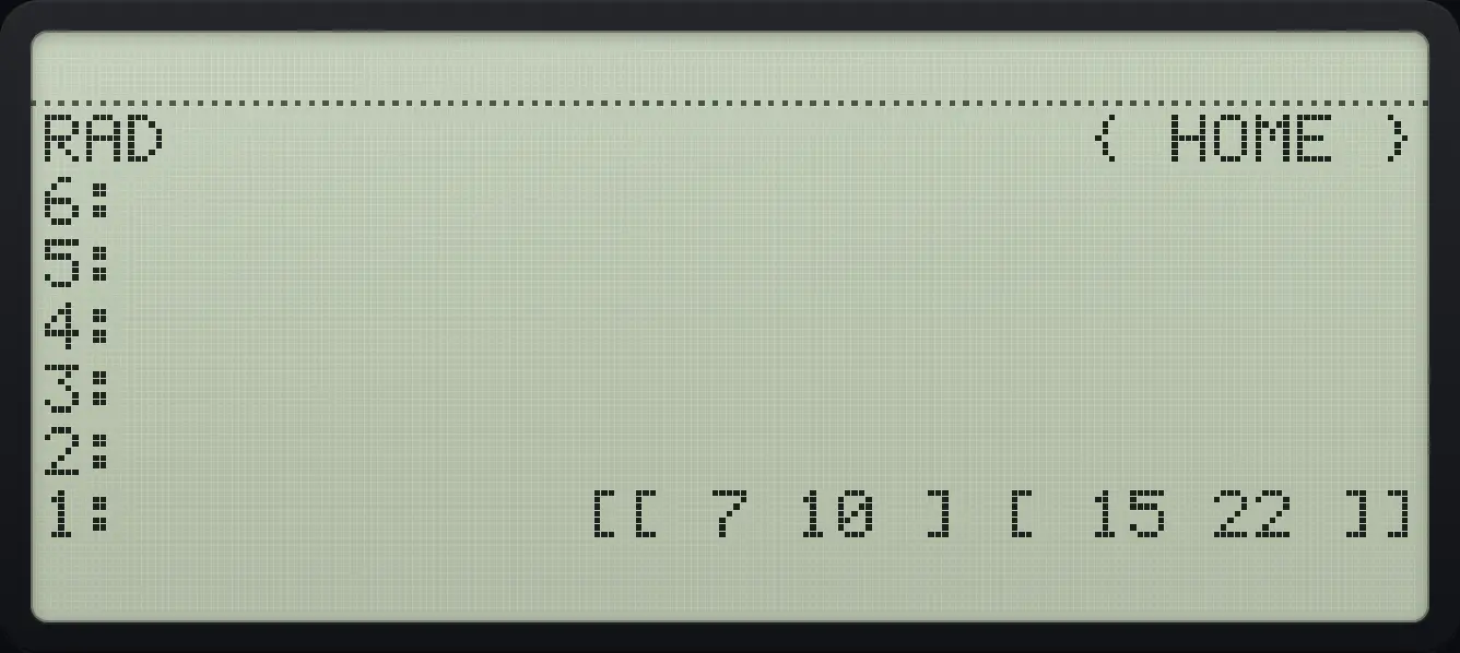 Result of the example "Square a matrix" The display shows: RAD                      { HOME } / 6: / 5: / 4: / 3: / 2: / 1:           [[ 7 10 ] [ 15 22 ]].