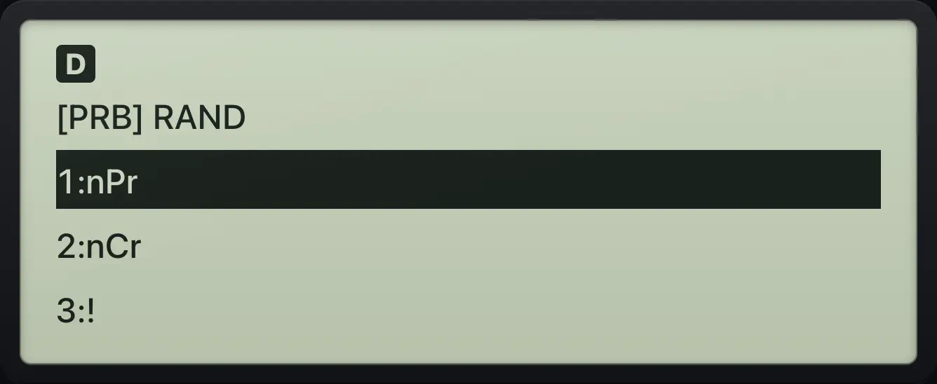 The PRB menu. The display shows: [PRB] RAND / 1:nPr / 2:nCr / 3:!.