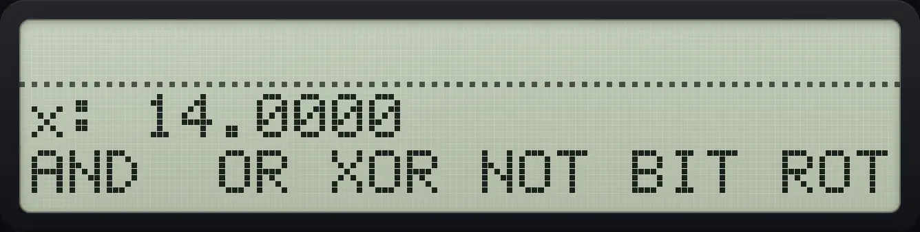 Result of the example "12 OR 10" The display shows: x: 14.0000 / AND  OR XOR NOT BIT ROT.