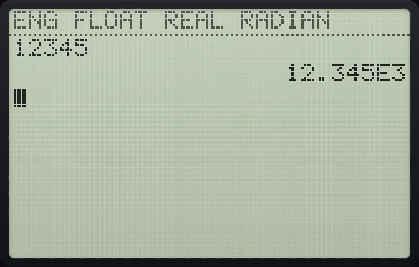 Result of the example "Engineering notation" The display shows: 12345 / 12.345E3.