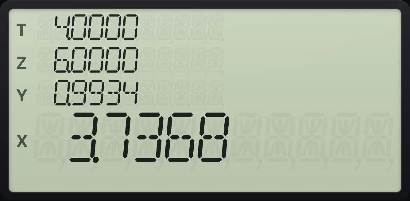 Result of the example "Estimate y when x is 5" The display shows: 4.0000 / 6.0000 / 0.9934 / 3.7368.