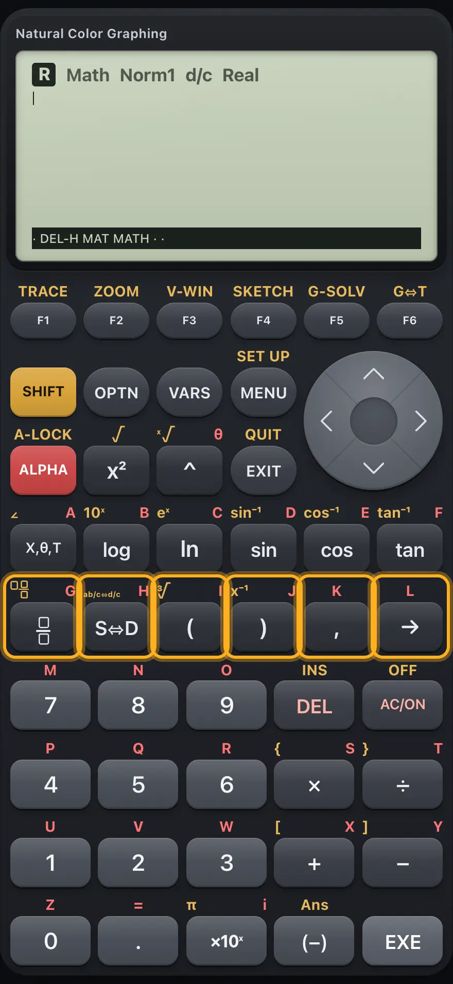 Fraction, S⇔D, brackets, comma and store The display shows: · DEL-H MAT MATH · ·.