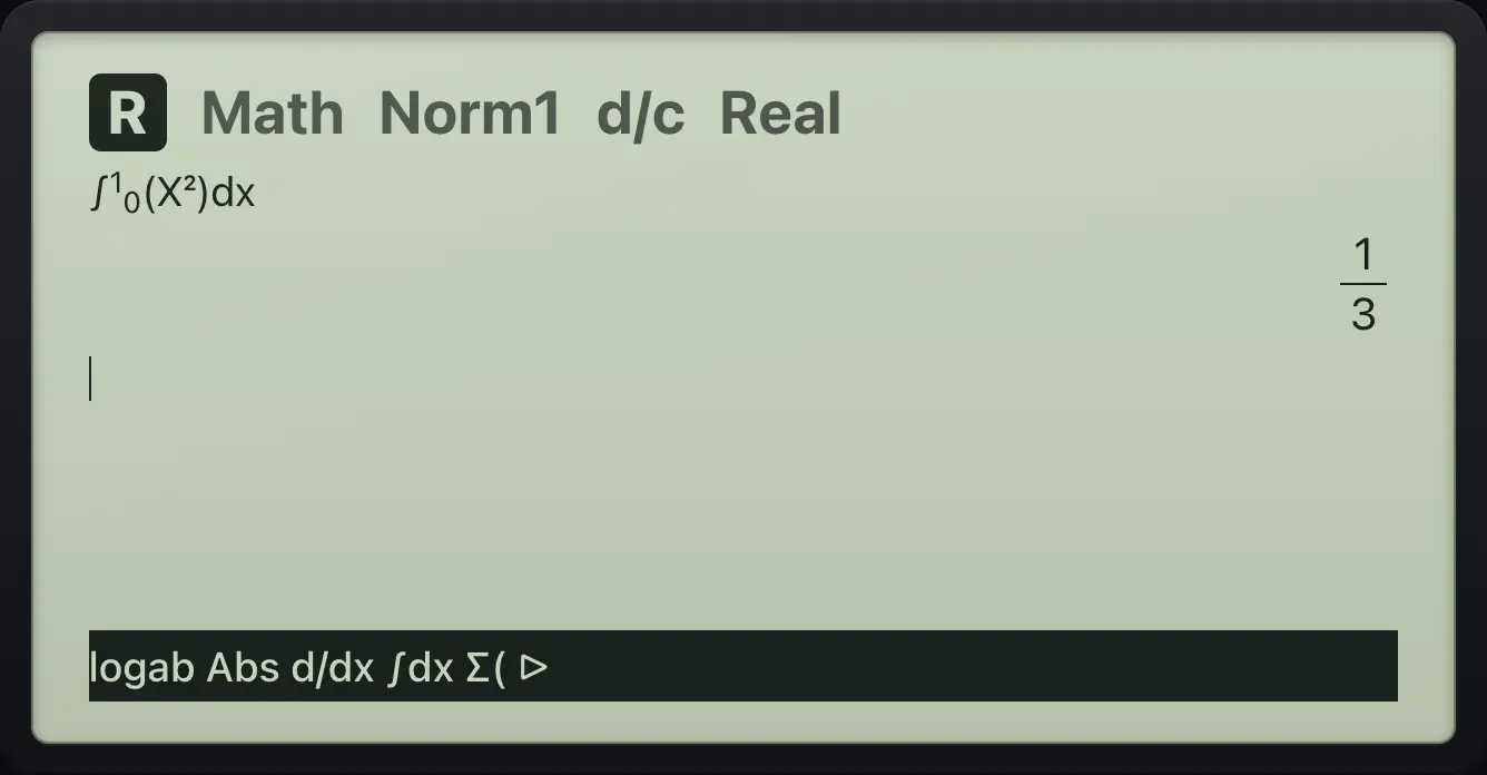 Result of the example "A definite integral" The display shows: ∫(X²,0,1) / 1/3 / logab Abs d/dx ∫dx Σ( ▷.