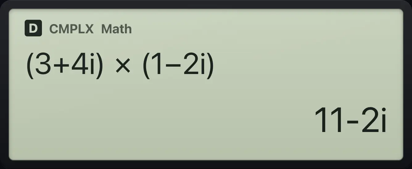 Result of the example "Multiply complex numbers" The display shows: (3+4i)×(1−2i) / 11-2i.